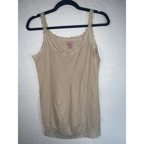 Y2k Ribbed Lace Trim Beige Layering Tank Top Camisole Large Bozzolo 2000s B - Picture 1 of 5